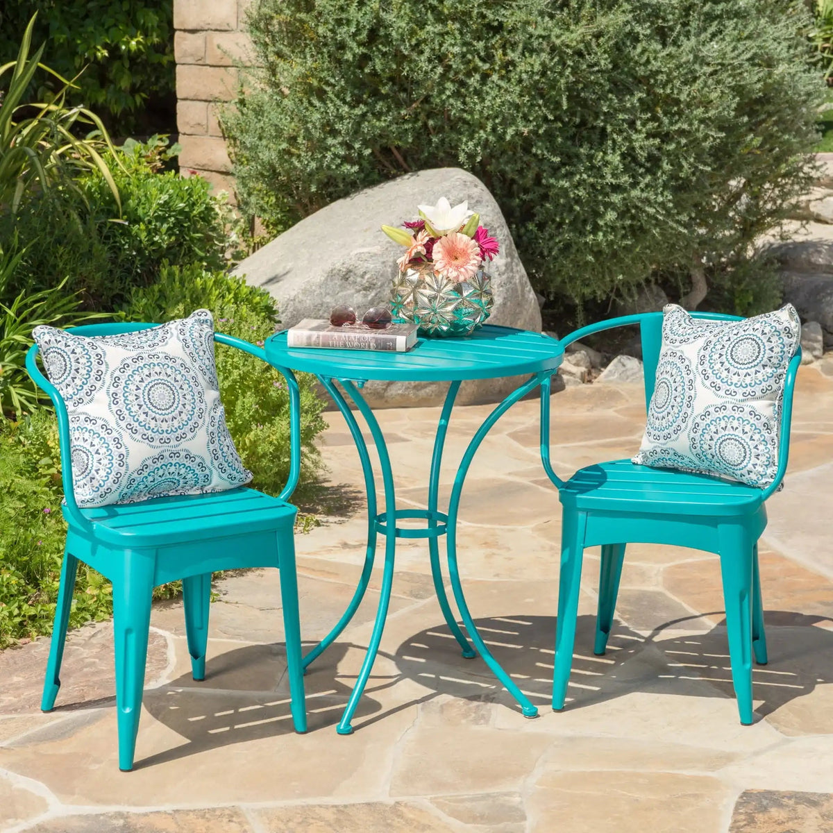 Colmar 3 Piece Metal Outdoor Set with Stackable Armchairs – Light Blue or Yellow