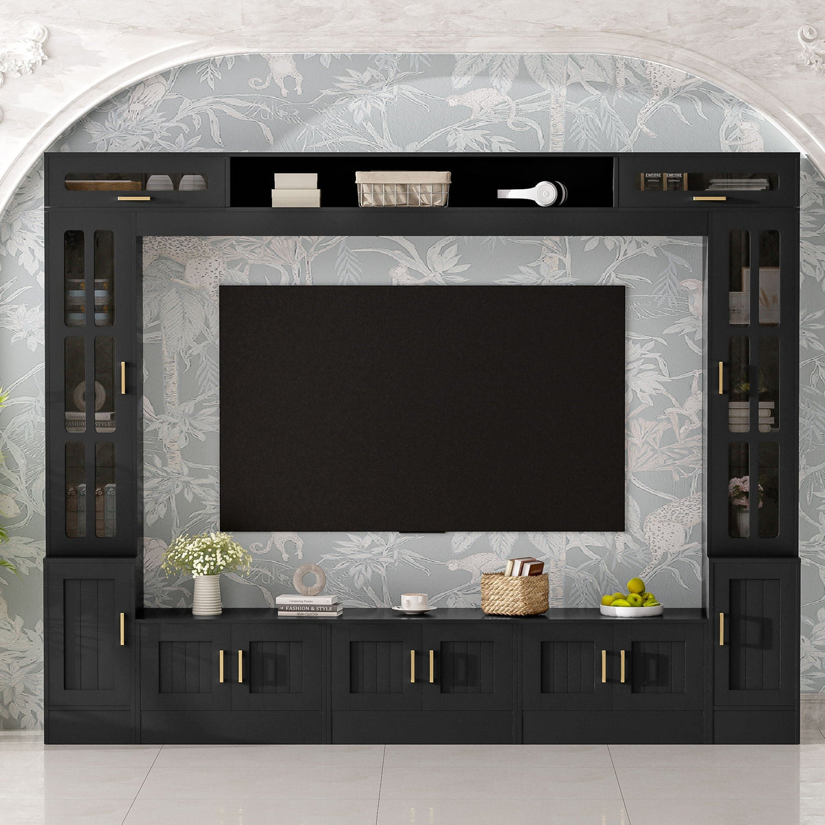 Wall Unit Entertainment Center with Glass Doors - White or Black