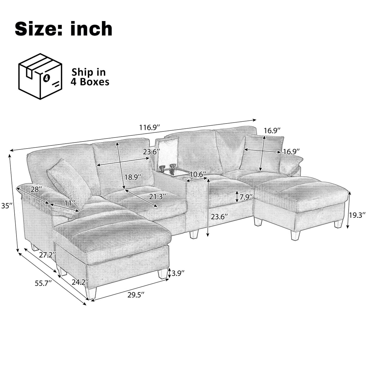 Modern U-Shaped Sectional Sofa with Storage Ottomans - Choice of Color