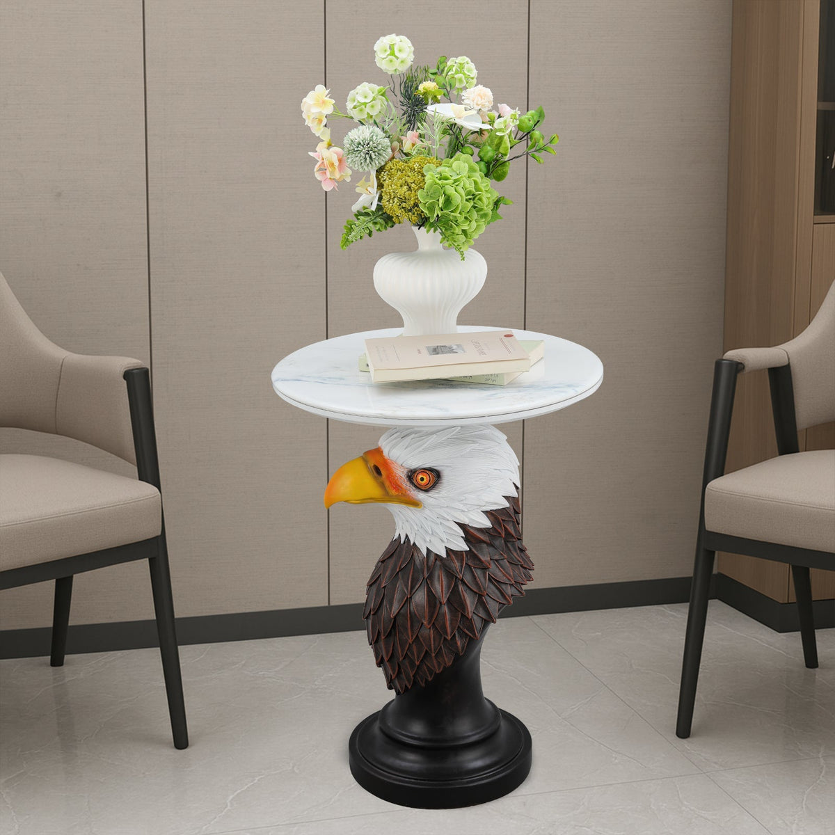 Eagle Head Accent Table with Faux Marble Top - White/Brown