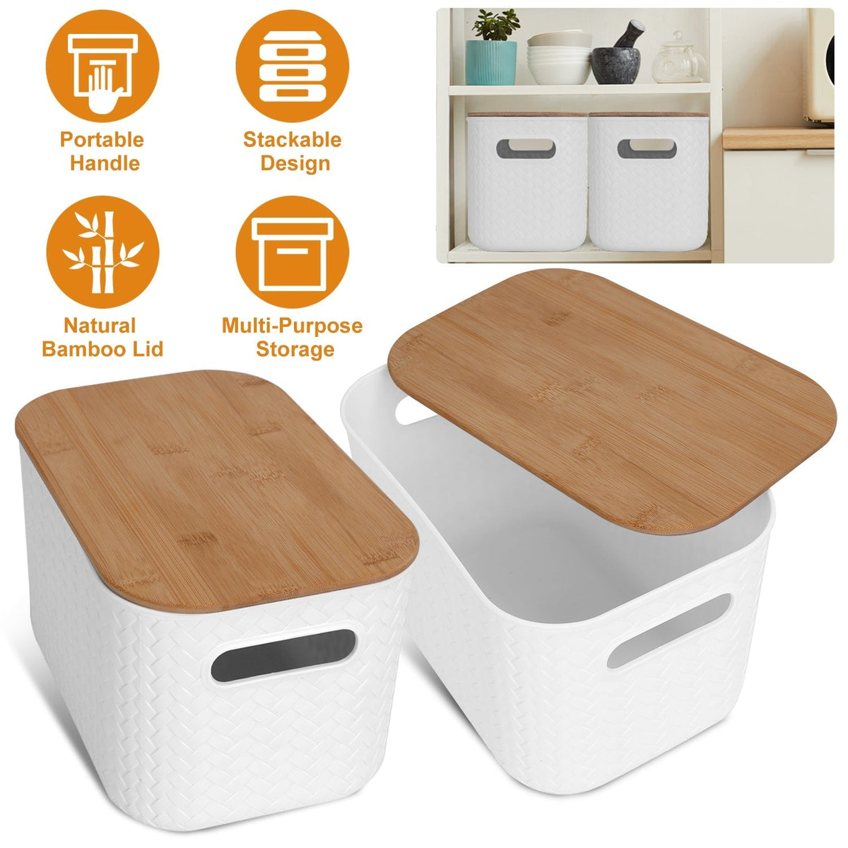 2Pcs Storage Bins with Bamboo Lids Stackable Plastic Storage Container with Handle Storage Box Accessories Holder for Bedroom Kitchen Shelf Closet