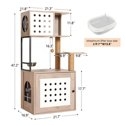 Cat Tree with Litter Box Enclosure and Large Hammock - Gray & White
