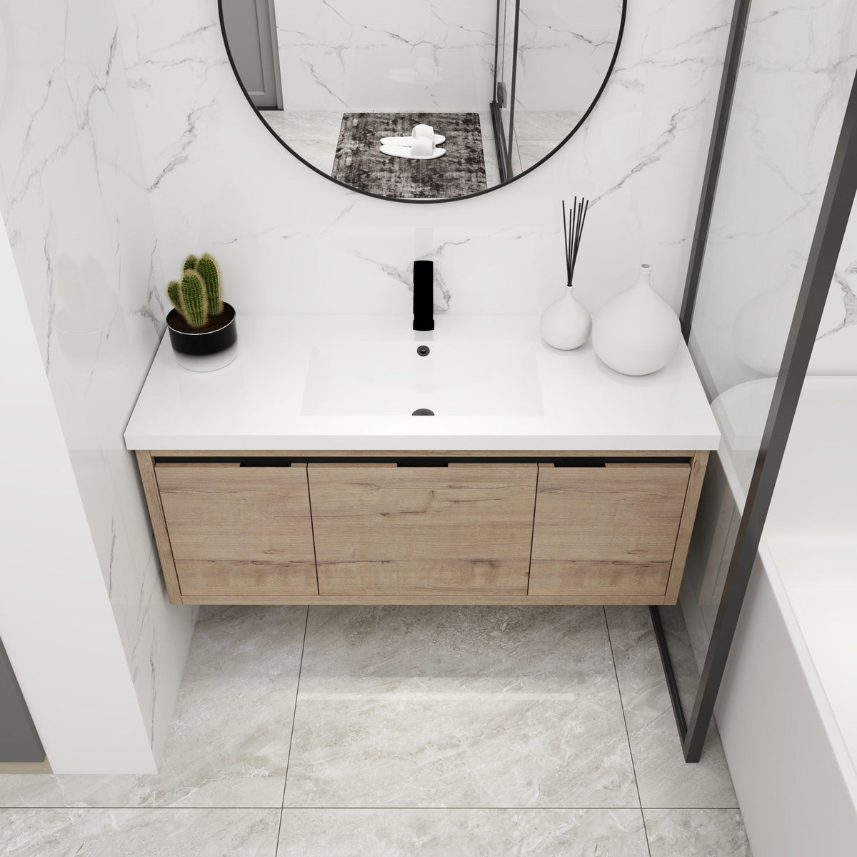Floating Bathroom Vanity with Resin Sink and Soft-Close Doors - Wood