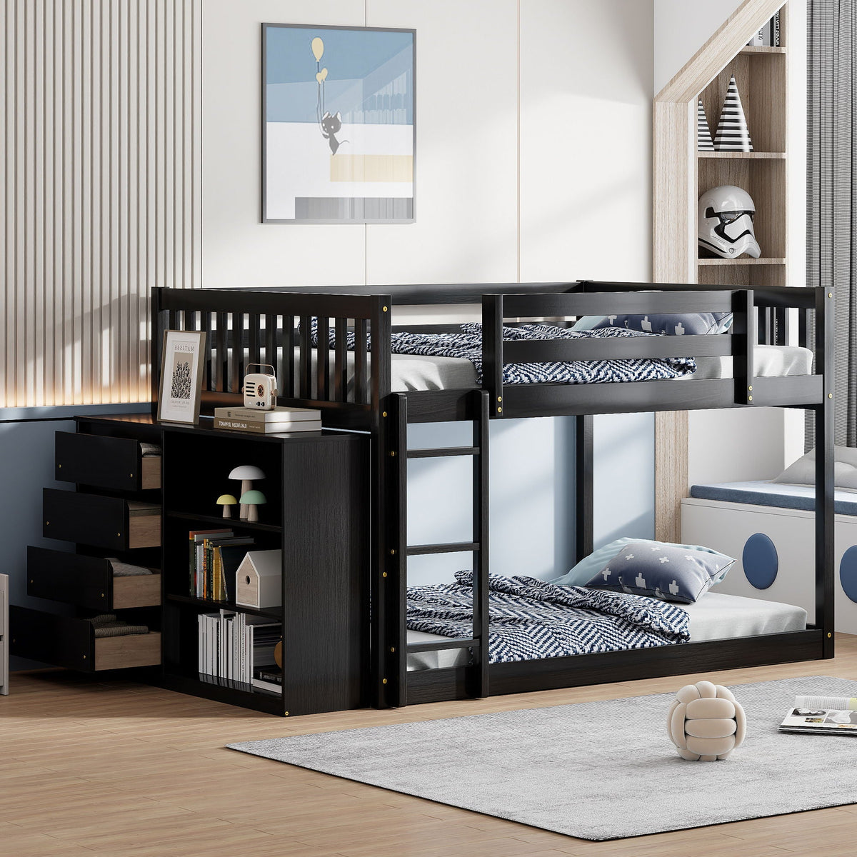 Bunk Bed With 4 Drawers and 3 Shelves - Solid Pine Wood