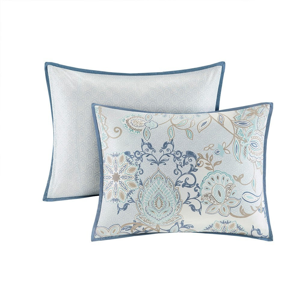 8 Piece Cotton Floral Reversible Comforter Set with Decorative Pillows - Blue