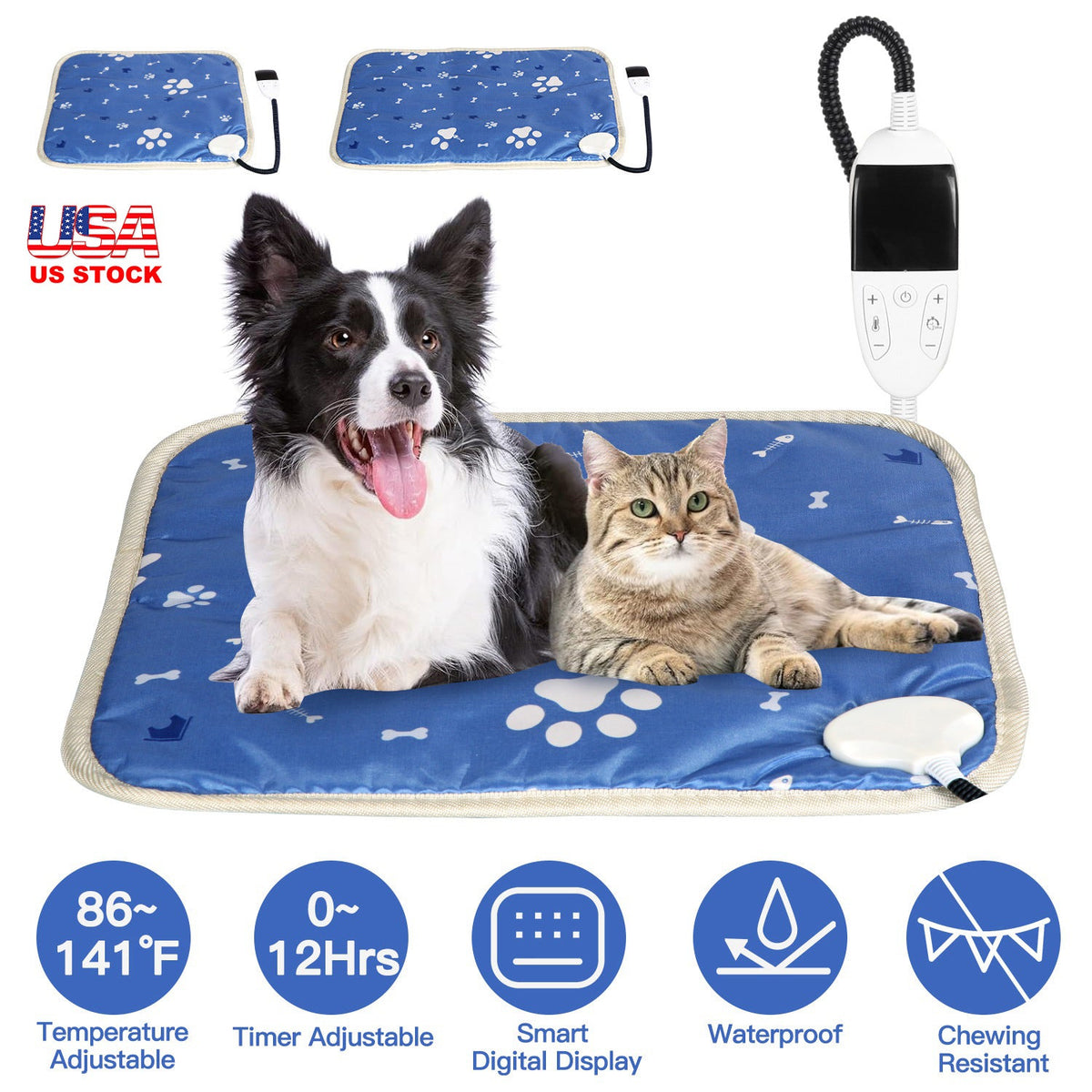 Pet Heating Pad Electric Dog Cat Heating Mat Waterproof Warming Blanket with 86-141  Adjustable Temperature 0-12 Timer Digital Display Chewing-resista