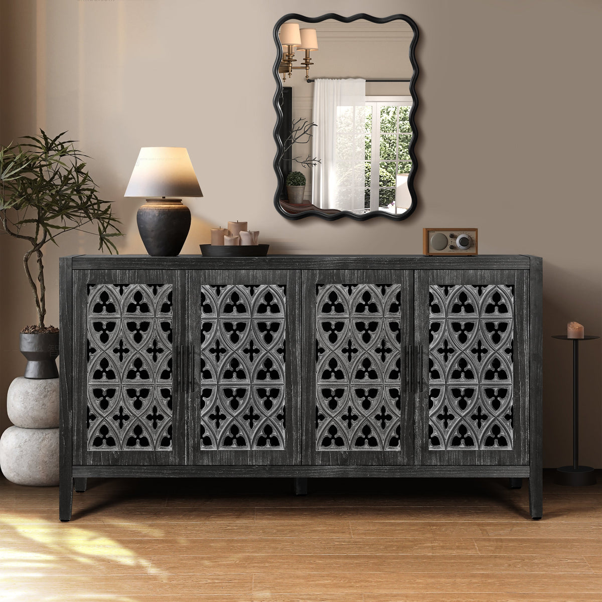 Antique Four Door Sideboard with Hollow Doors - Black Pine Veneer