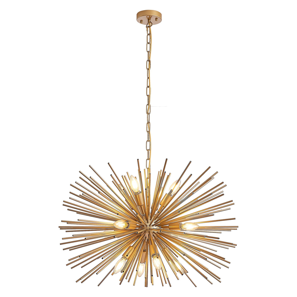 Gold 12-Light Mid-Century Modern Starburst Chandelier with Adjustable Chain