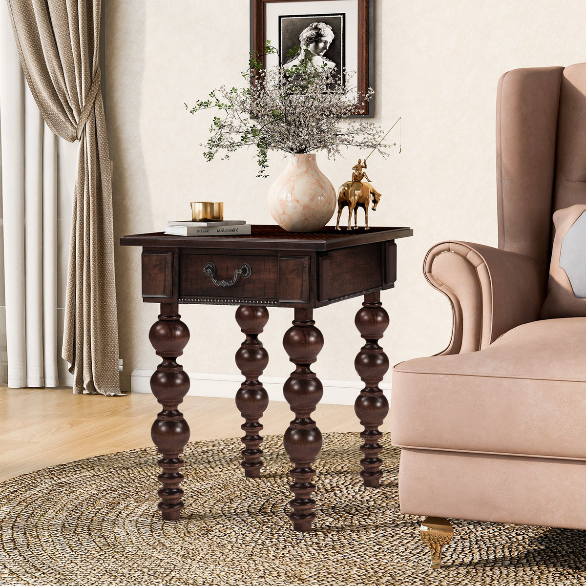 Solid Wood End Table with Drawer in Espresso Finish