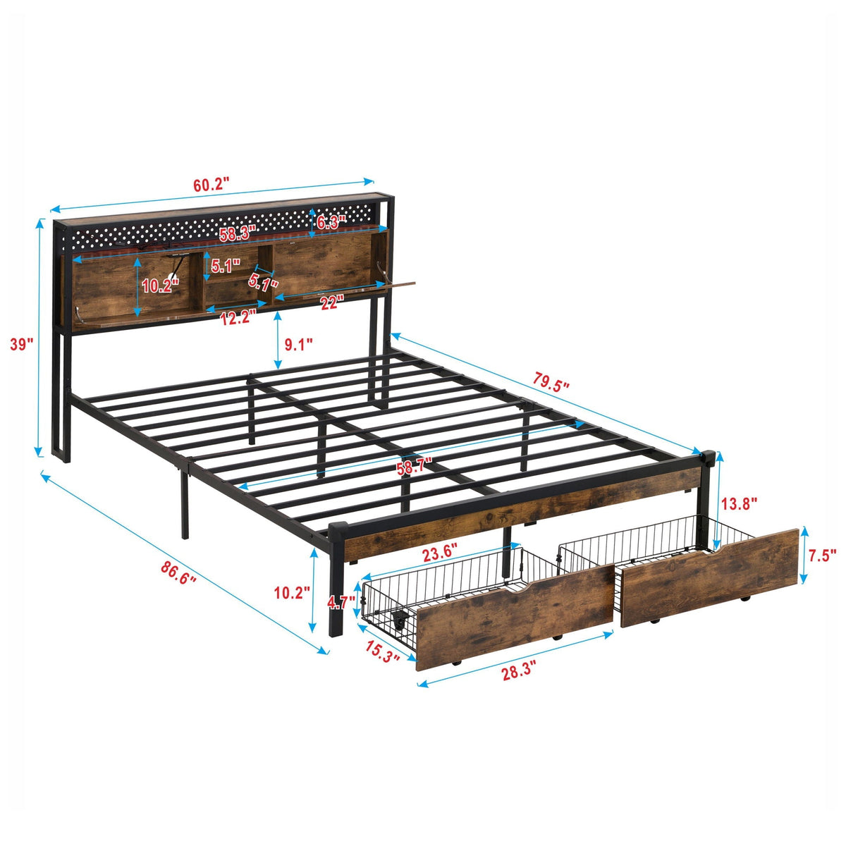 Modern Platform Storage Bed with USB Charging, Drawers & LED Lights - Dark Brown