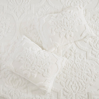 King/Cal King 3 Piece Tufted Cotton Chenille Damask Duvet Cover Set - Off-White