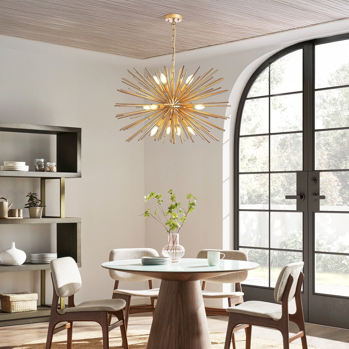 Gold 12-Light Mid-Century Modern Starburst Chandelier with Adjustable Chain