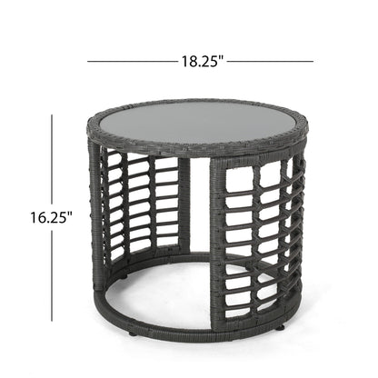 Achill Outdoor Boho Wicker Side Table with Glass Top - Gray