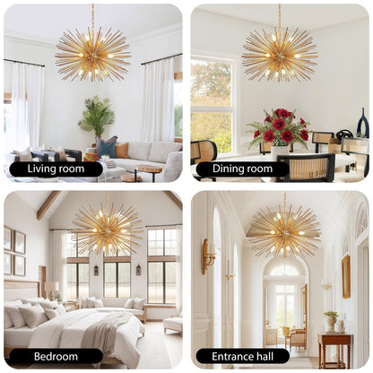 Gold 12-Light Mid-Century Modern Starburst Chandelier with Adjustable Chain