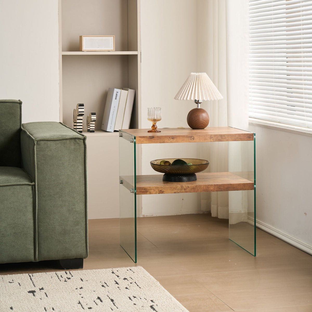 Light Brown Side Table with Tempered Glass Top - Fully Assembled