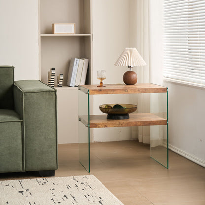 Light Brown Side Table with Tempered Glass Top - Fully Assembled