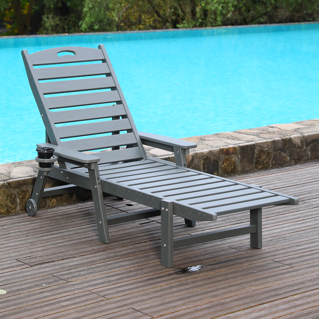 HDPE Outdoor Chaise Lounge Chair with Adjustable Backrest - Grey