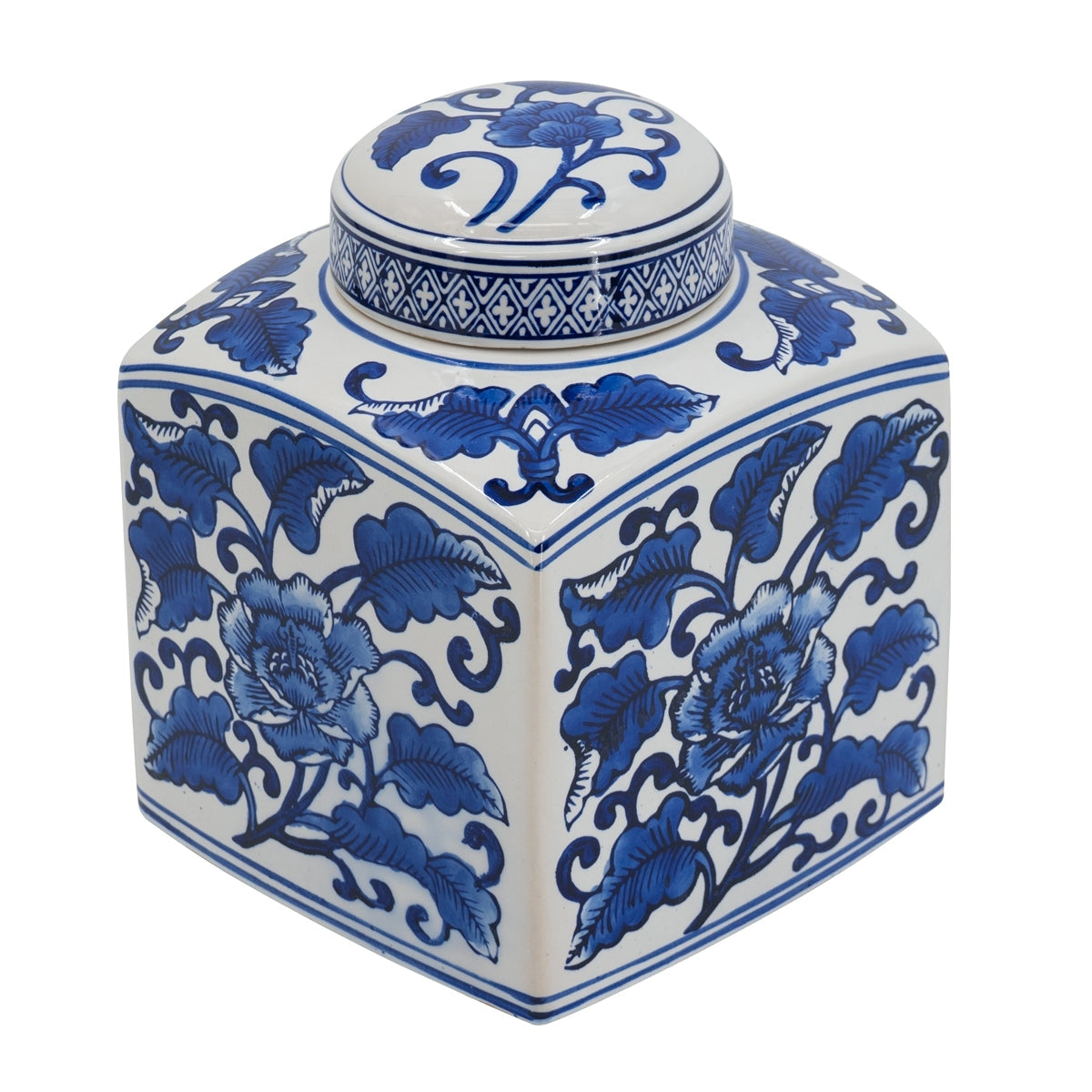 Hand Painted Square Ceramic Canister with Blue Floral Pattern - White & Blue