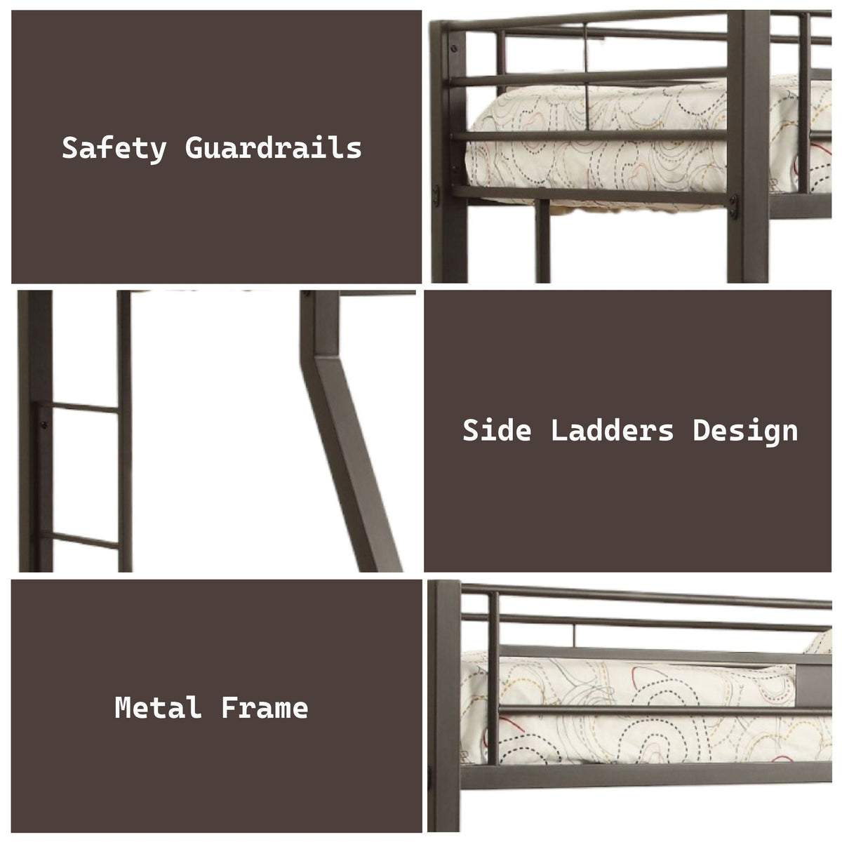 Limbra Spacious Design Double Bunk Bed with Metal Frame - Black or Dark Brown