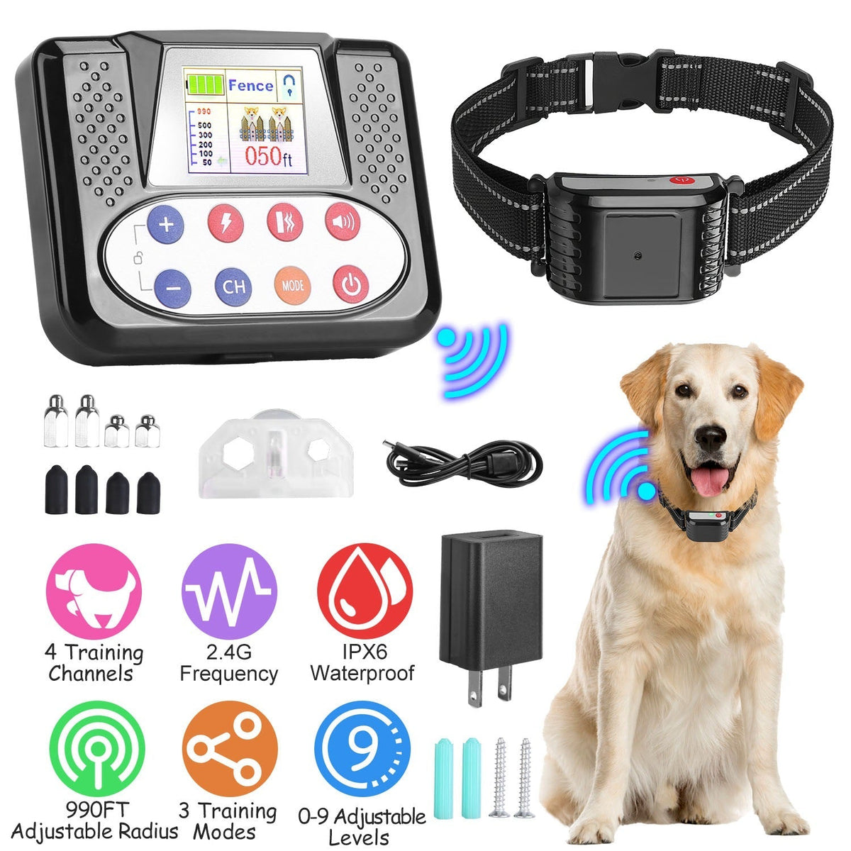 990FT Range Dog Wireless Fence Remote Training Collar IPX6 Waterproof Receiver with 0-9 Levels Beep Vibration Shock Mode 4 Channels Rechargeable Trans