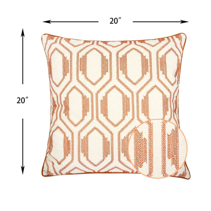 Geometric Embroidered Throw Pillow with Cotton Texture - Rust