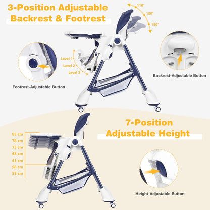 A-Shaped High Chair with 4 Lockable Wheels-Navy