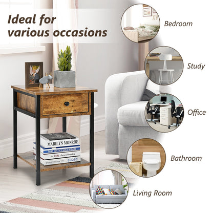 Industrial End Side Table Nightstand with Drawer Shelf