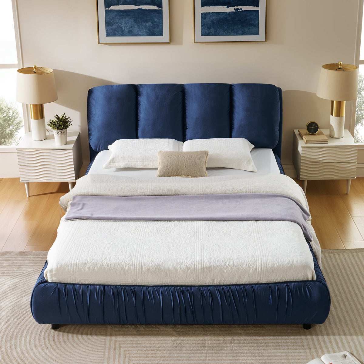 Queen Upholstered Bed Frame with Segmented Compressed Sponge Headboard - Dark Blue or Gray