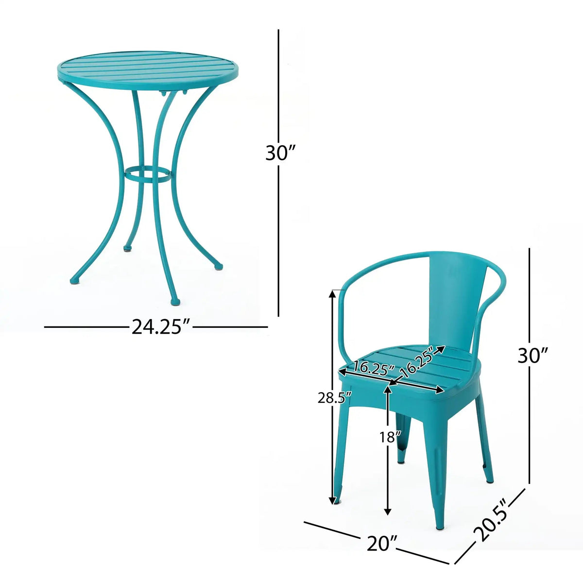 Colmar 3 Piece Metal Outdoor Set with Stackable Armchairs – Light Blue or Yellow