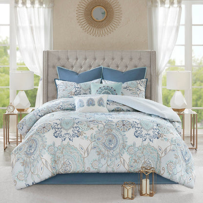 8 Piece Cotton Floral Reversible Comforter Set with Decorative Pillows - Blue