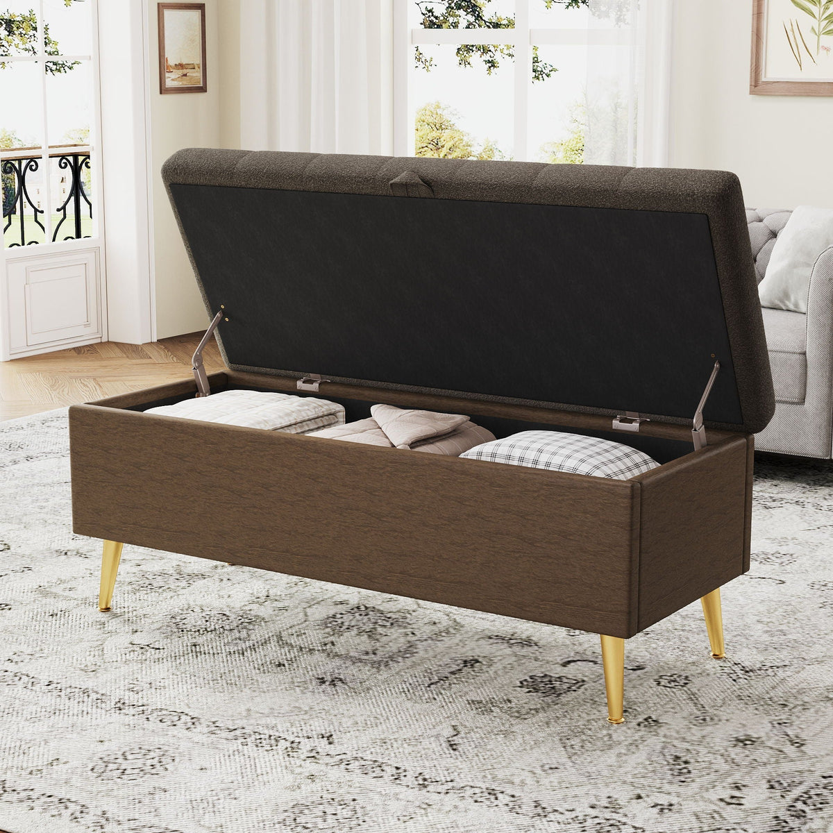 Modern Tufted Storage Ottoman Bench with Metal Legs - Bouclé Fabric