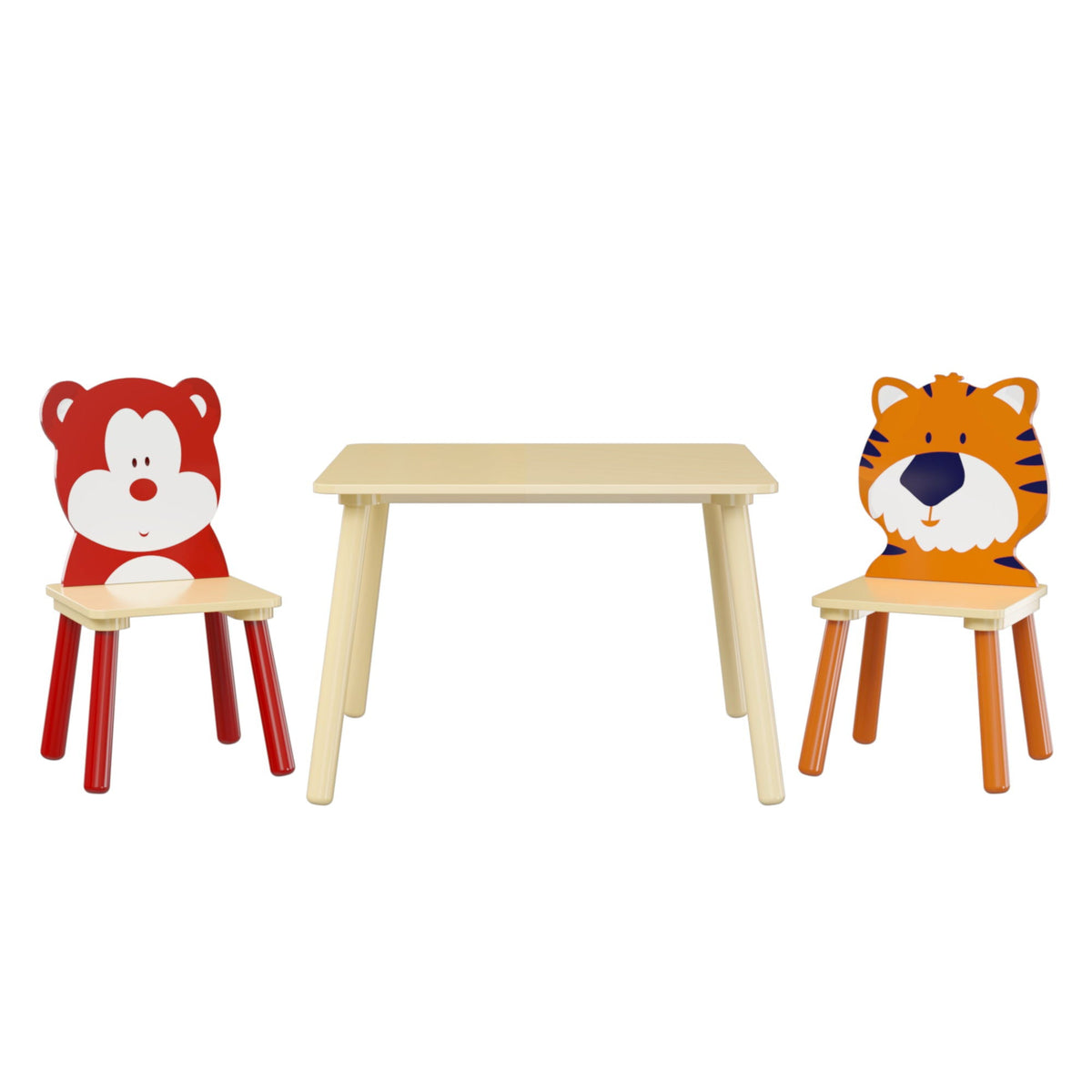 Wood Activity Table and 2 Chairs Set with Bear & Tiger Design - Natural