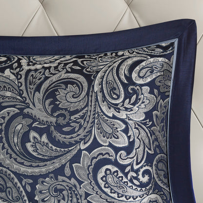 Navy 12 Piece Comforter Set with Cotton Bed Sheets - Queen, Paisley Jacquard