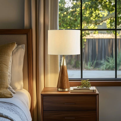Triangular Table Lamp with Espresso Wood Grain and Linen Shade - Gold & Brown