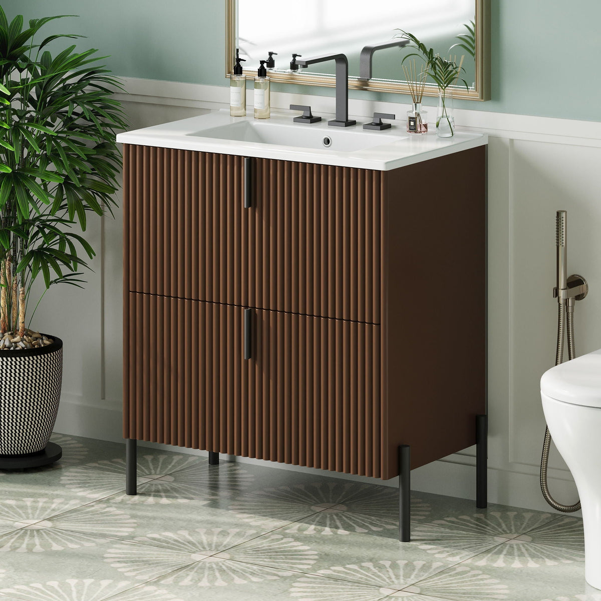 Fluted Bathroom Vanity with Ceramic Sink - Freestanding Wood Design
