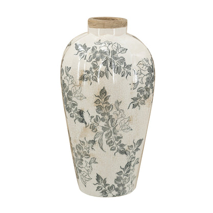White Ceramic Accent Vase with Gray Floral Design - 11.6" Height