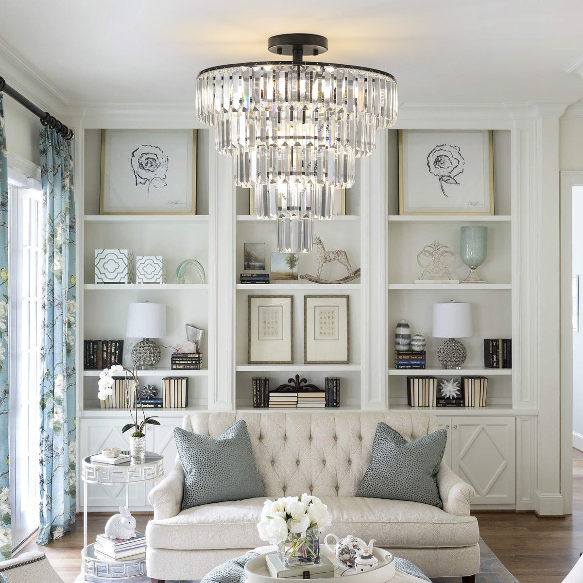20" Black Crystal Chandelier with 10-Light Flush Mount - Black