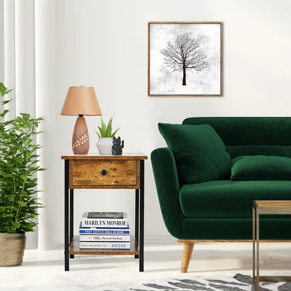 Industrial End Side Table Nightstand with Drawer Shelf