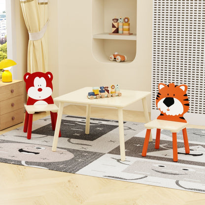 Wood Activity Table and 2 Chairs Set with Bear & Tiger Design - Natural