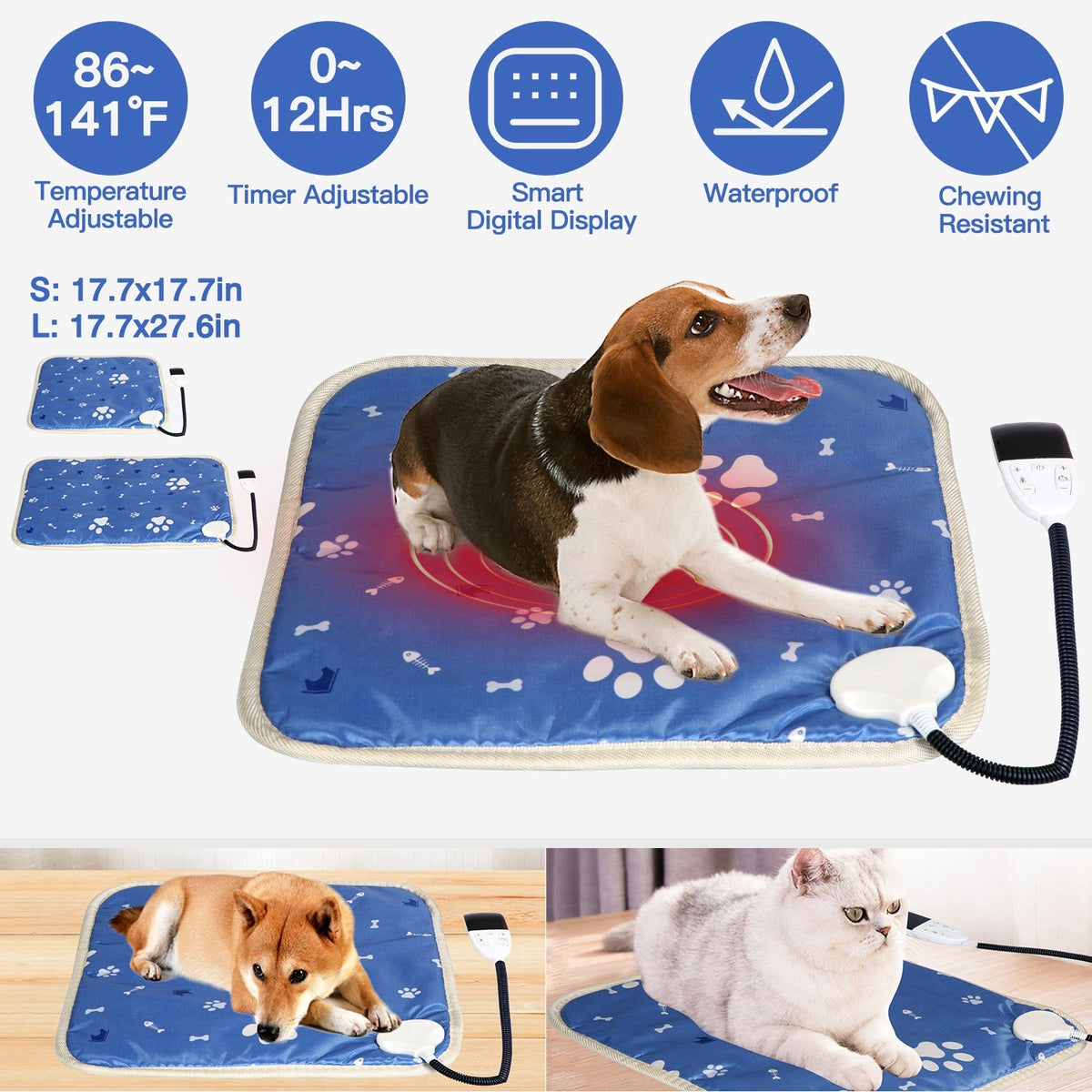Pet Heating Pad Electric Dog Cat Heating Mat Waterproof Warming Blanket with 86-141  Adjustable Temperature 0-12 Timer Digital Display Chewing-resista