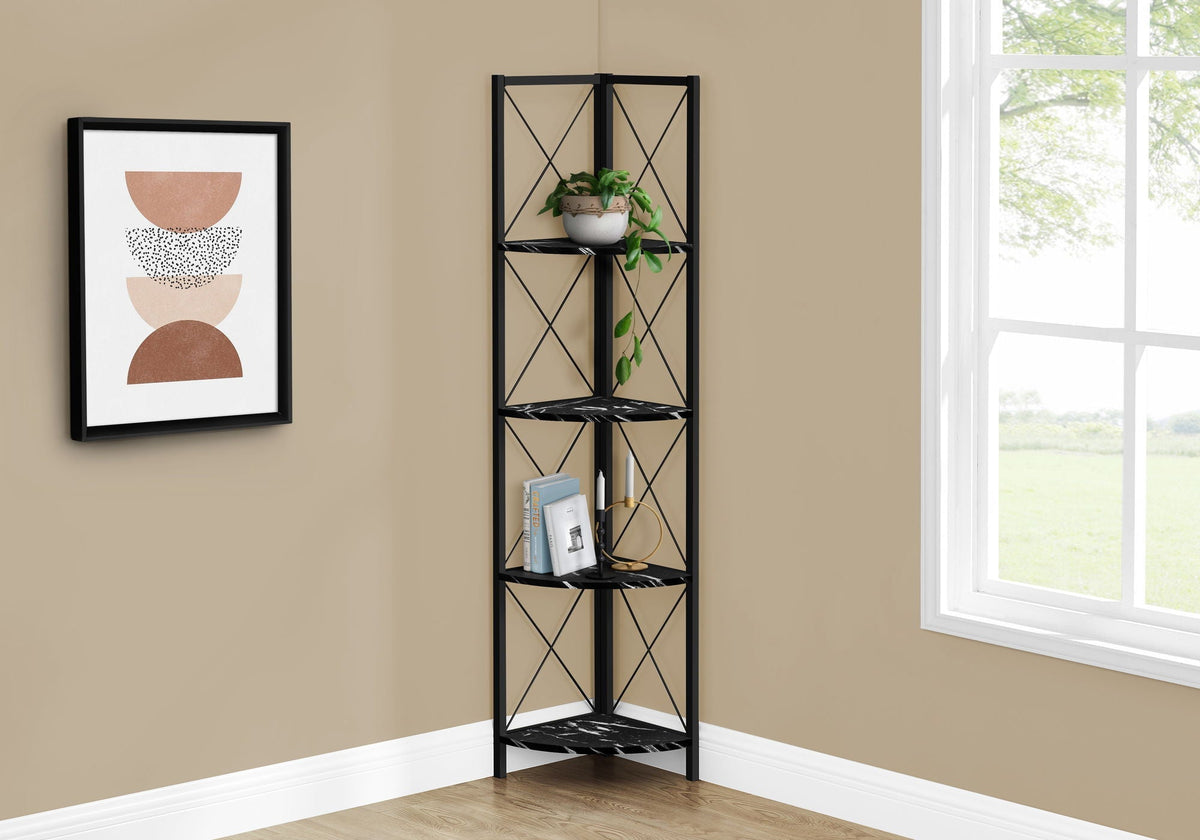 4-Tier Corner Bookshelf with Marble Look and Metal Frame - Black