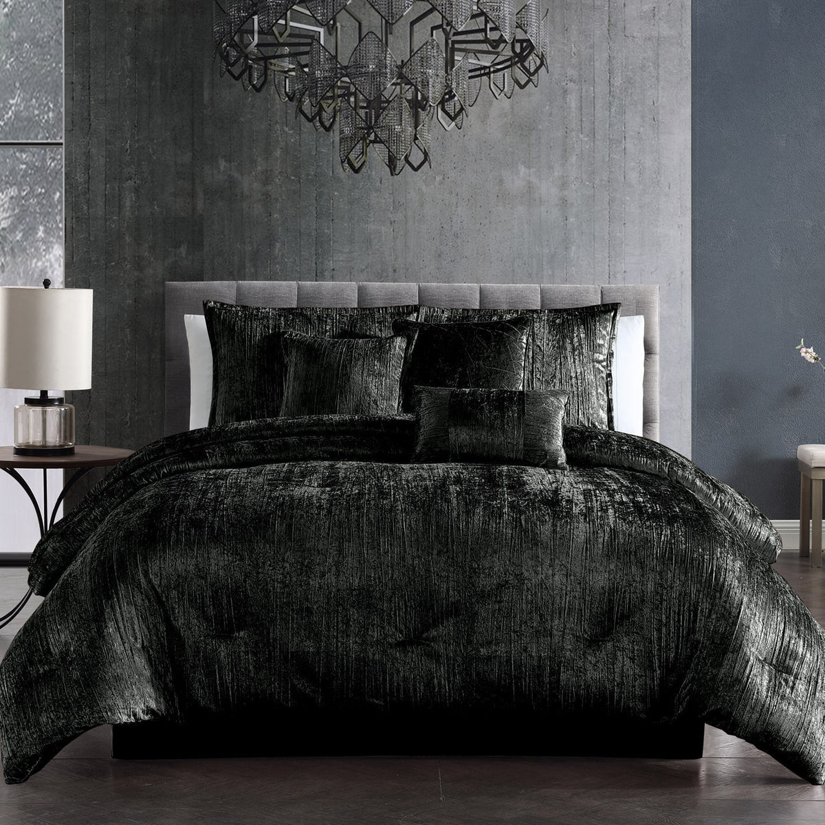 Black Crinkle Velvet Comforter Set with Plush Fill - 7 Piece