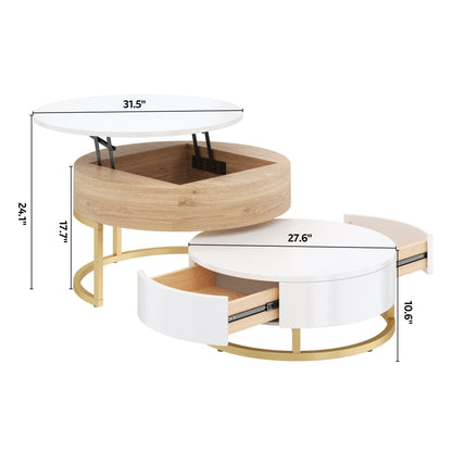 Modern Round Nesting Coffee Tables with Lift-Top and 2 Drawers - White or Black