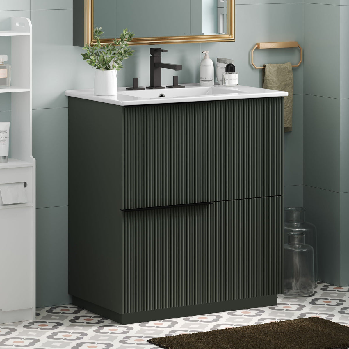Fluted Bathroom Vanity with Ceramic Sink and Soft-Close Drawers - Light Brown, White, or Dark Green