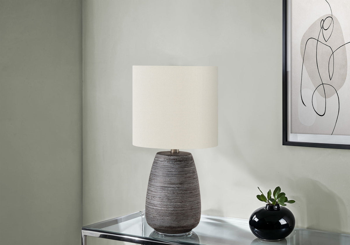 Contemporary Ceramic Table Lamp with Ivory Linen Shade - Gray and Cream