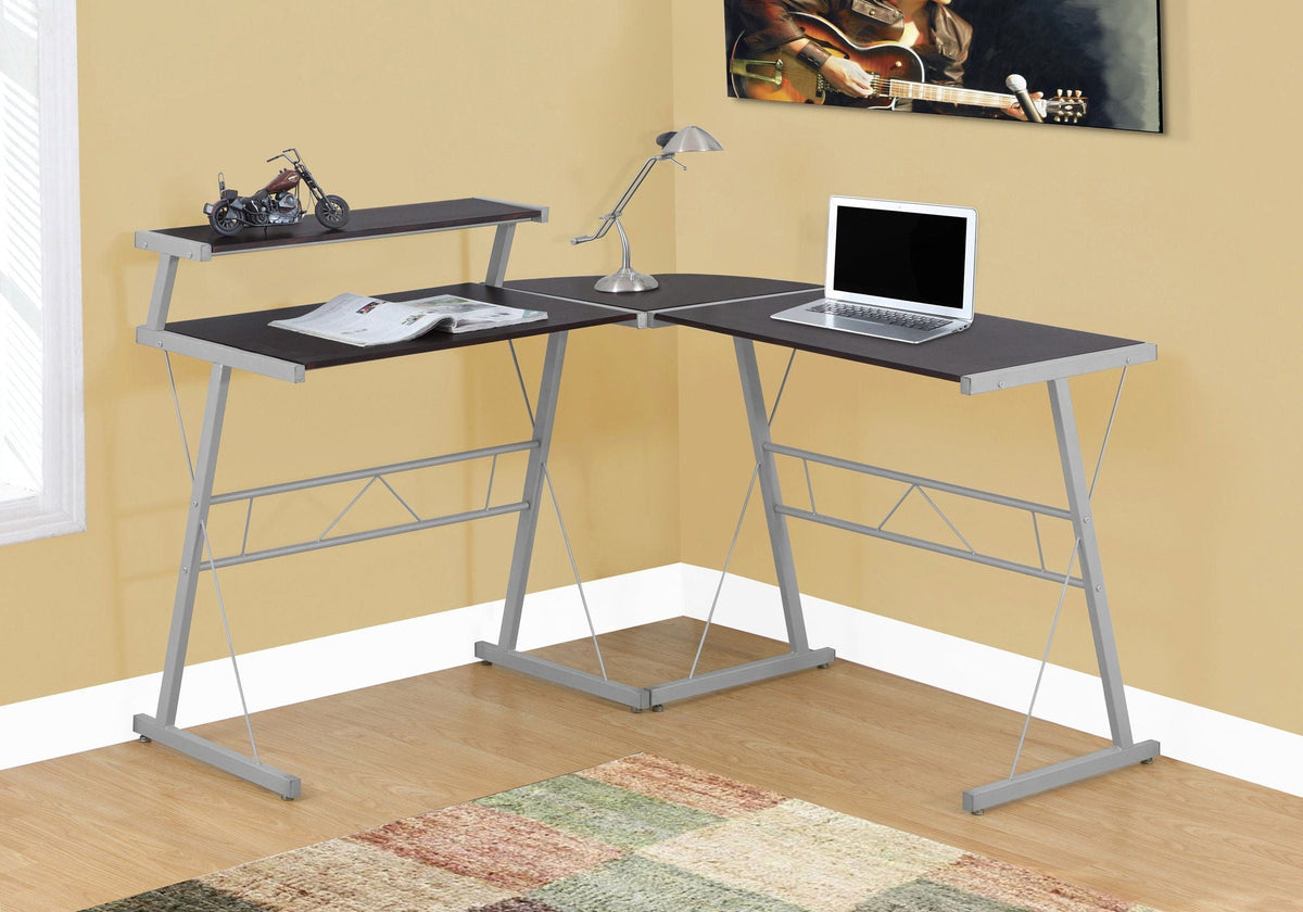 L-Shaped Corner Computer Desk with Fixed Shelf - Dark Brown