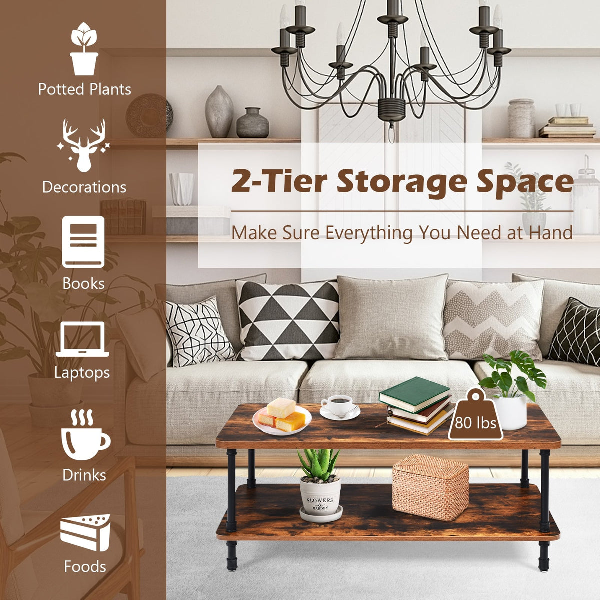 Industrial Vintage Coffee Table with 2-Tier Storage Shelf