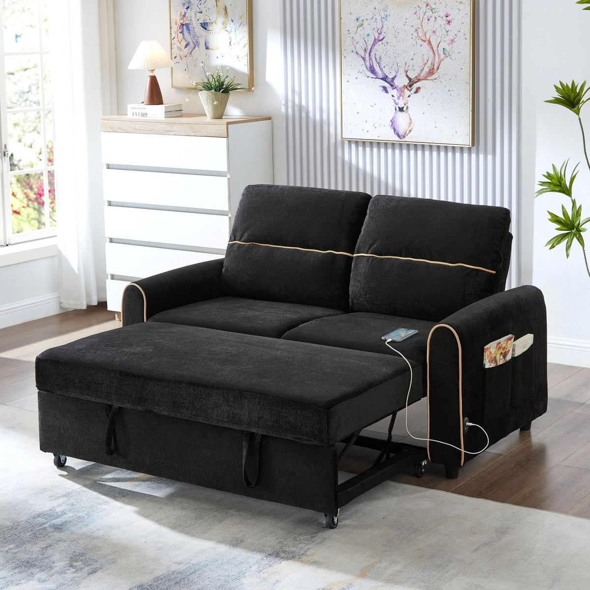 Pull Out Sofa Bed with Adjustable Backrest and USB Ports - Dark Gray, Black or Blue