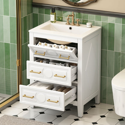 Bathroom Vanity with Sink and 3 Drawer Storage Cabinet - White or Black