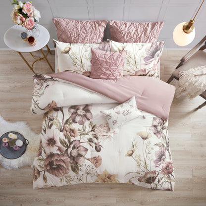 8 Piece Cotton Printed Comforter Set with Embroidered Pillows - Blush